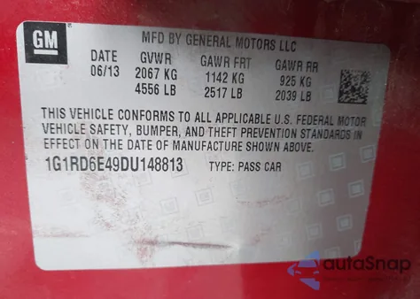 2013 Chevrolet Volt z USA, uszkodzony, nr VIN 1G1RD6E49DU148813